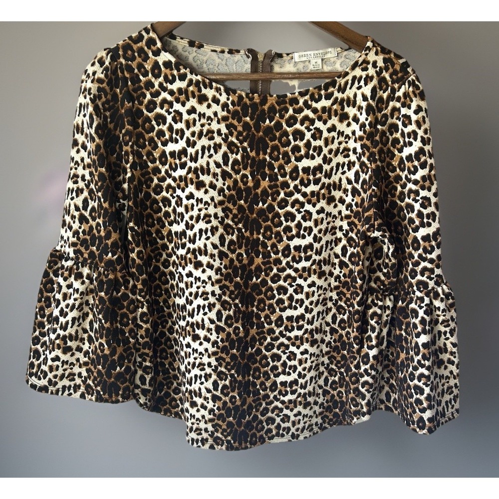 Tan And Brown Leopard Print Shirt Bell Sleeve Blouse Sz M Women's Flowing Light